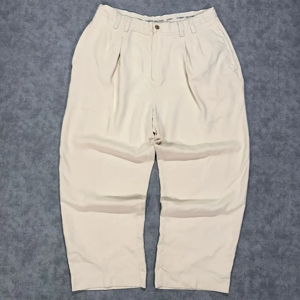 Vintage Tommy Bahama Relax 100% Silk Pleated Trousers Cream Mens 36 Resort